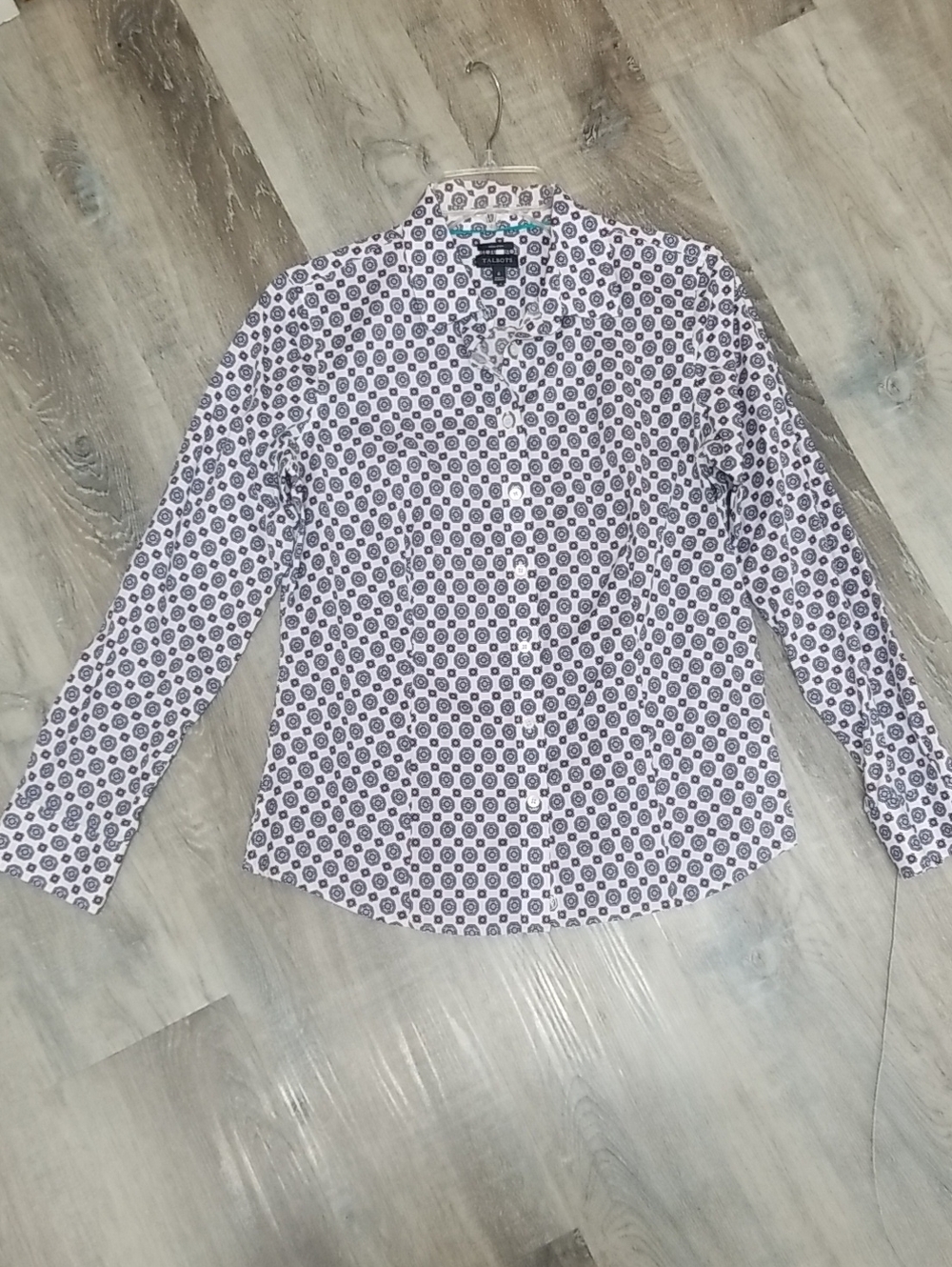 Talbots White Button-Down Shirt with Navy Medallion Print
